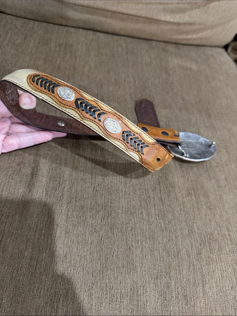 Nocona Two-Tone Leather Belt with Silver Concho Accents - 20”
